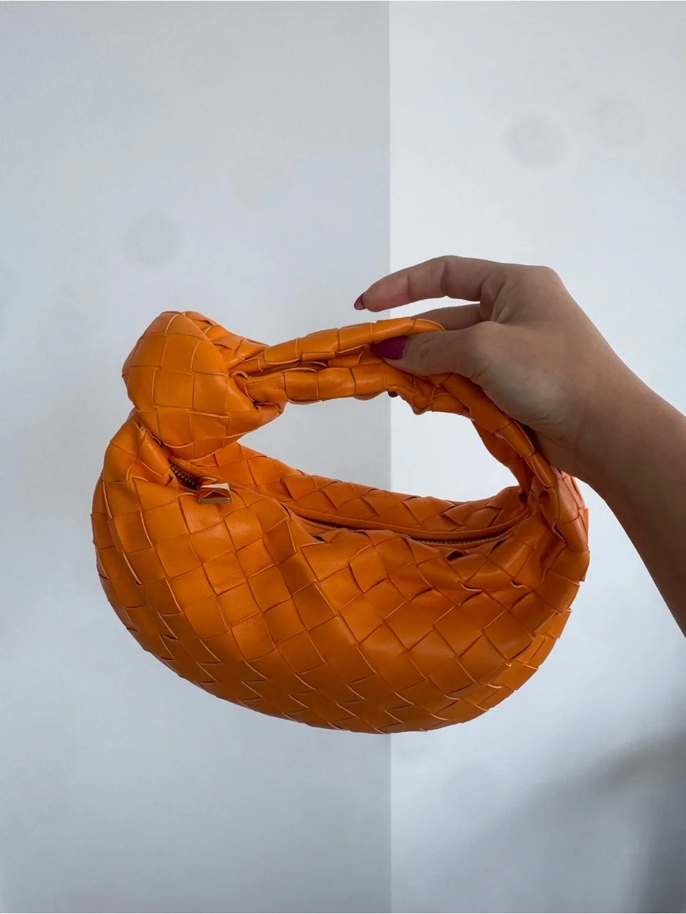 Bottega Veneta Orange Woven Knot-Handle Hobo Bag
